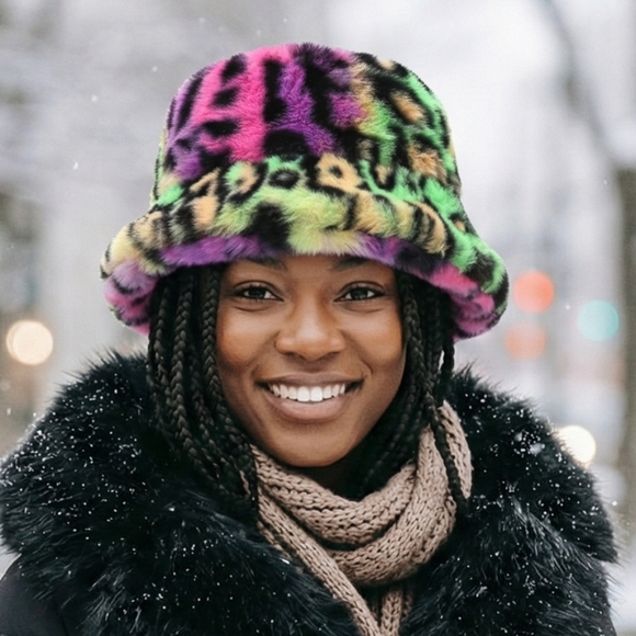 None Accessories - Faux Fur Bucket Hat Multicolor Leopard Print